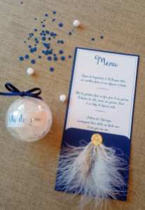 menu bleu et plume thème bulle et plume - mariage bleu blanc plume et bulle